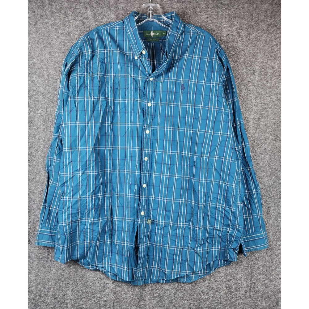 Hunt Club Shirt Mens XL Blue Teal Plaid Button Down Long Sleeve Cotton EUC